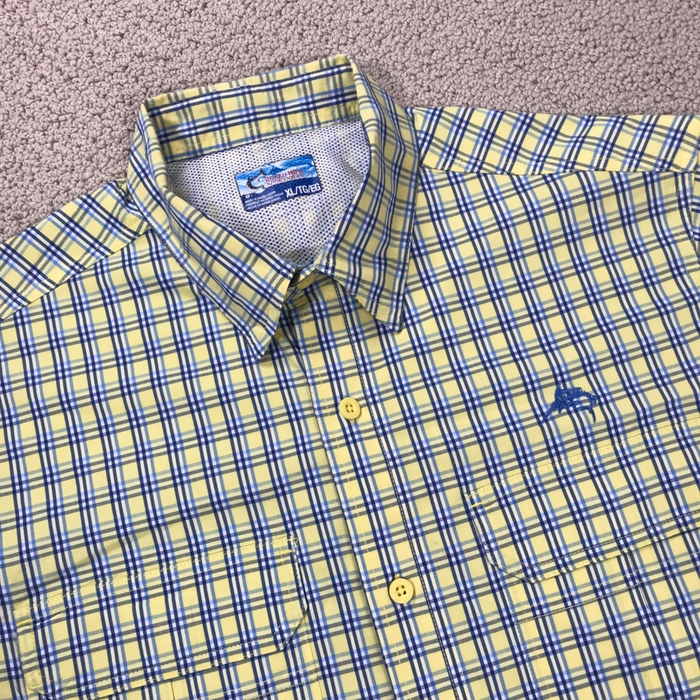 World Wide Sportsman Mens XL Yellow Blue Plaid Short Sleeve Fishing Shirt Vent